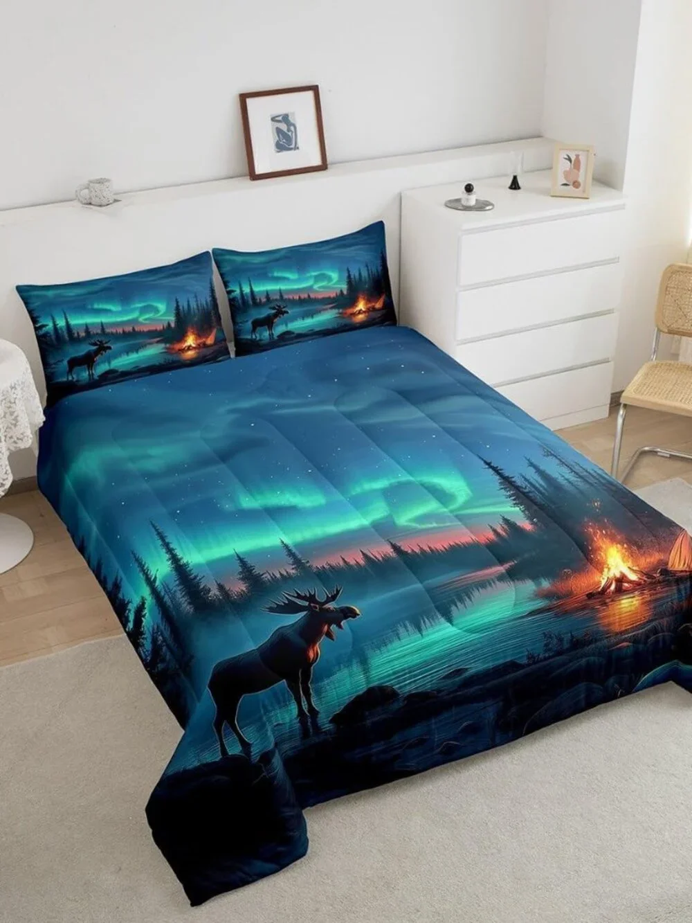 Aurora Moose Bedding Set Queen,Rustic Country Cabin Comforter Set for Kids Adult